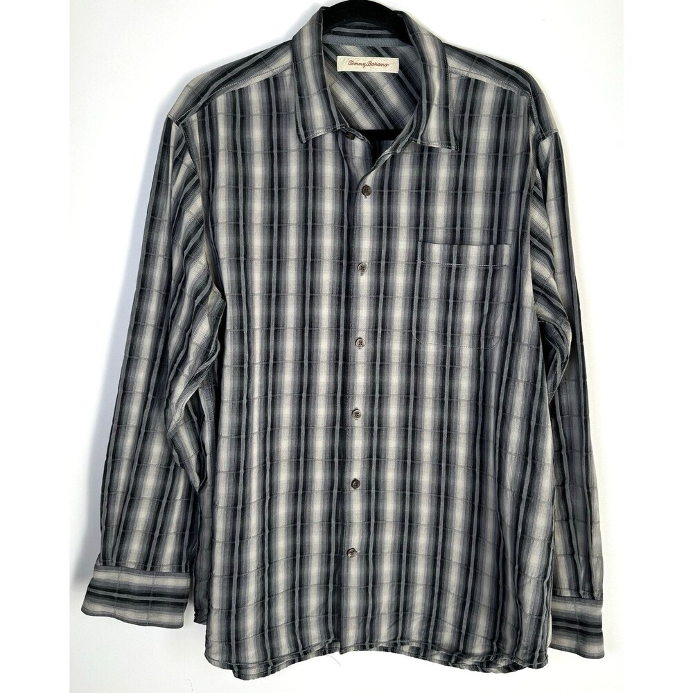 Tommy Bahama Shirt Mens Large Gray Silk Blend Stripe Windowpane Textured Resort‎
